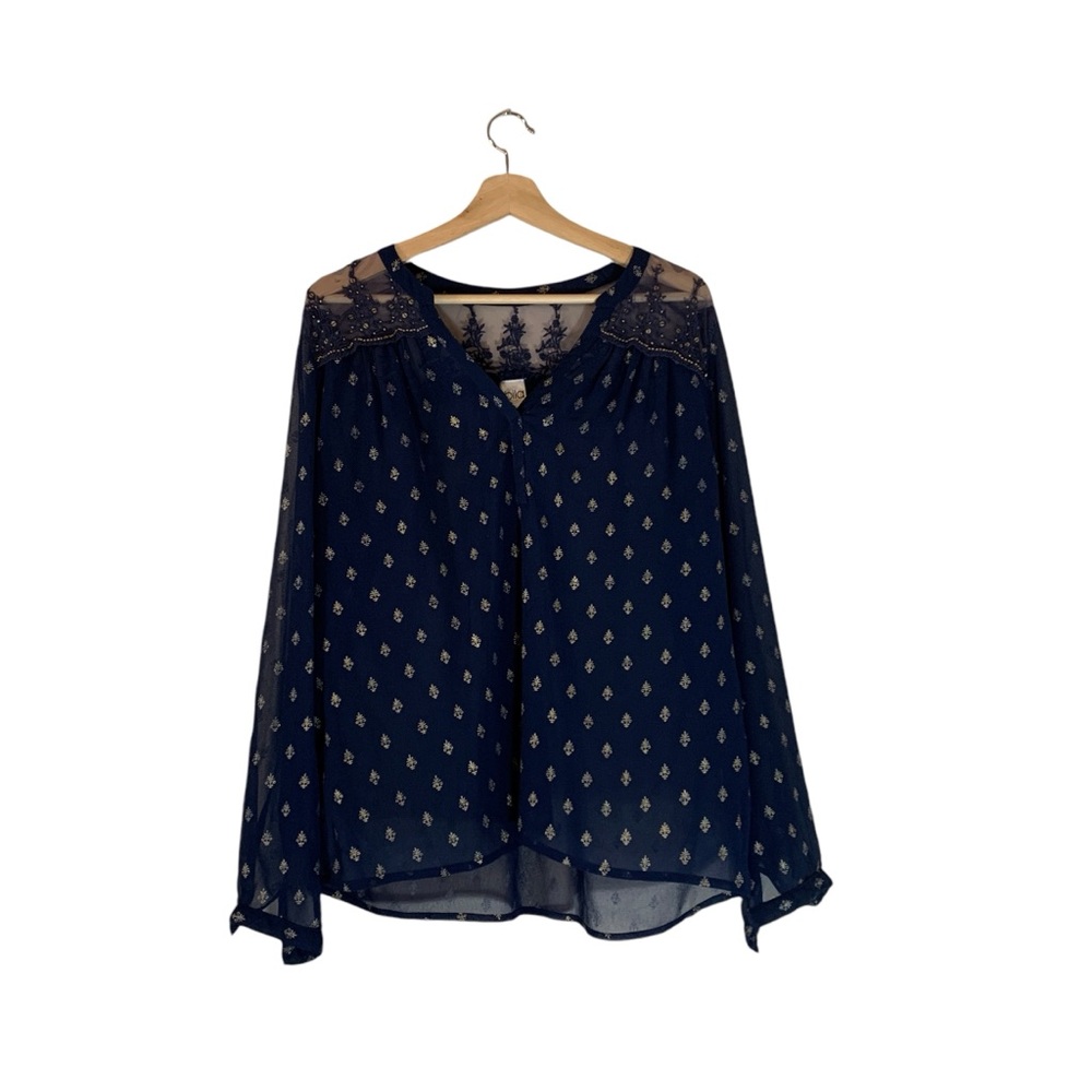 Bila Long Sleeve Sheer Navy and Gold Blouse with Lace Womens Size Large
